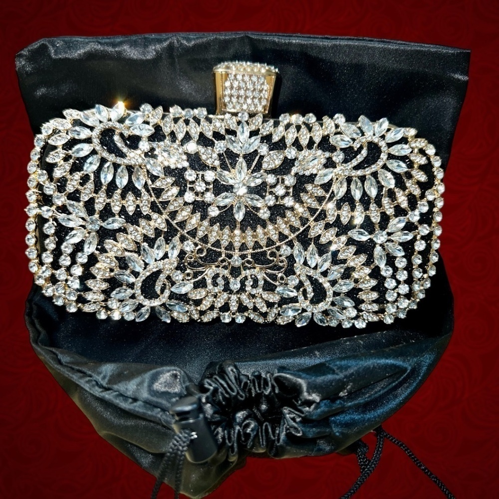 Crystal Rhinestone Embellished Black Evening Bag w/Handle & Chain Strap NWT - Picture 16 of 16